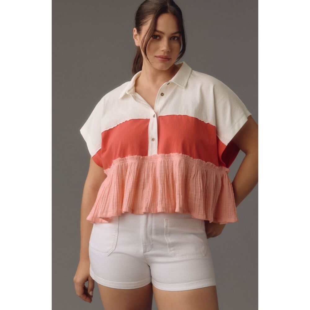 Anthropologie Pilcro Bonfire Ruffle Rugby Gauze Cotton Short Sleeve Top Sz L
